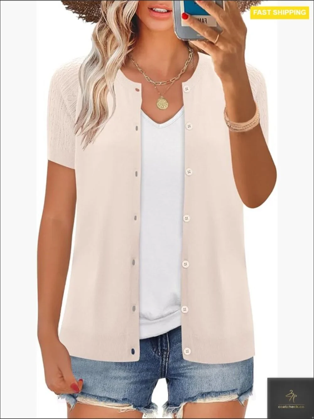 Short Sleeve Cardigan Button Up Hollowed Out Crewneck Shrug Knit Sweater Top